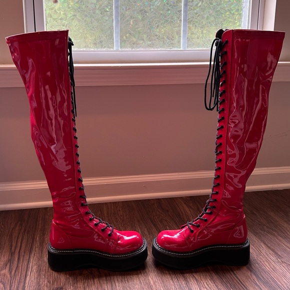 Demonia Red and Black Lace Up Boots - Picture 2 of 6